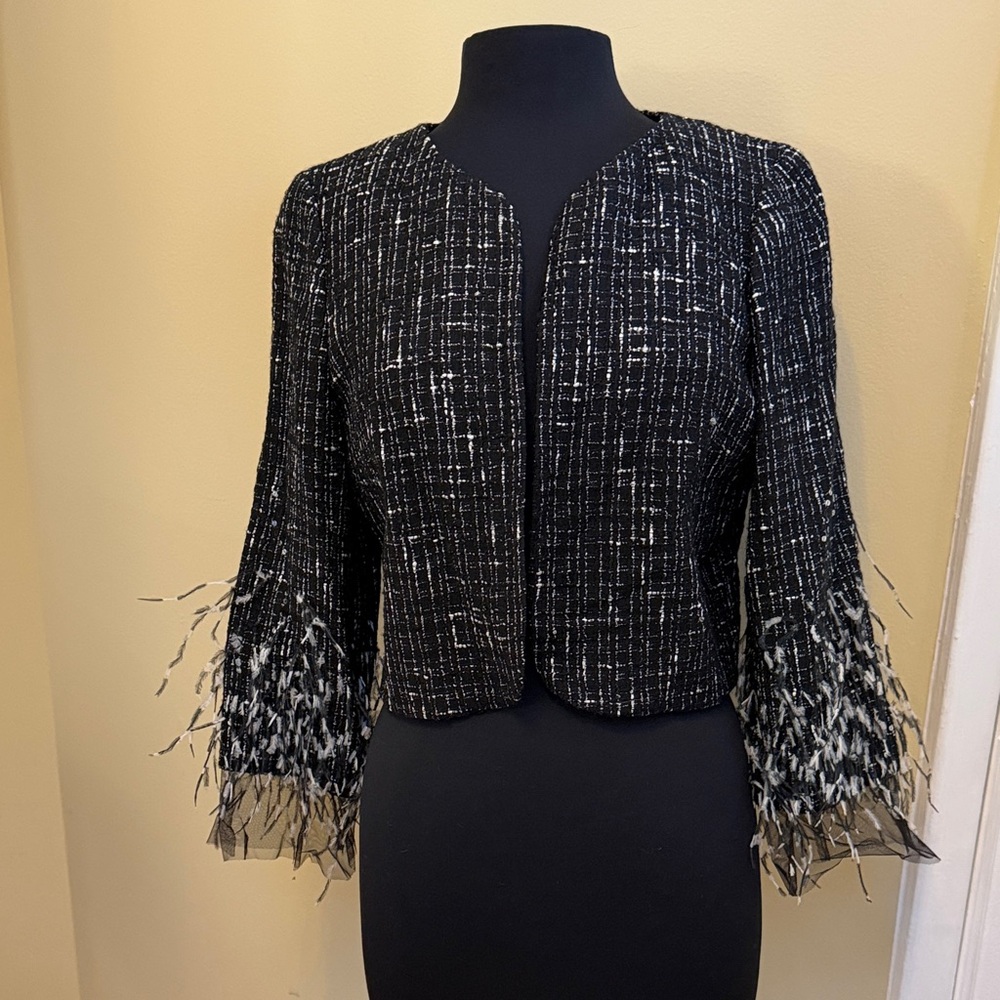 Teri Jon Black and White Tweed Short Blazer with feder and sheer gauze 12 New